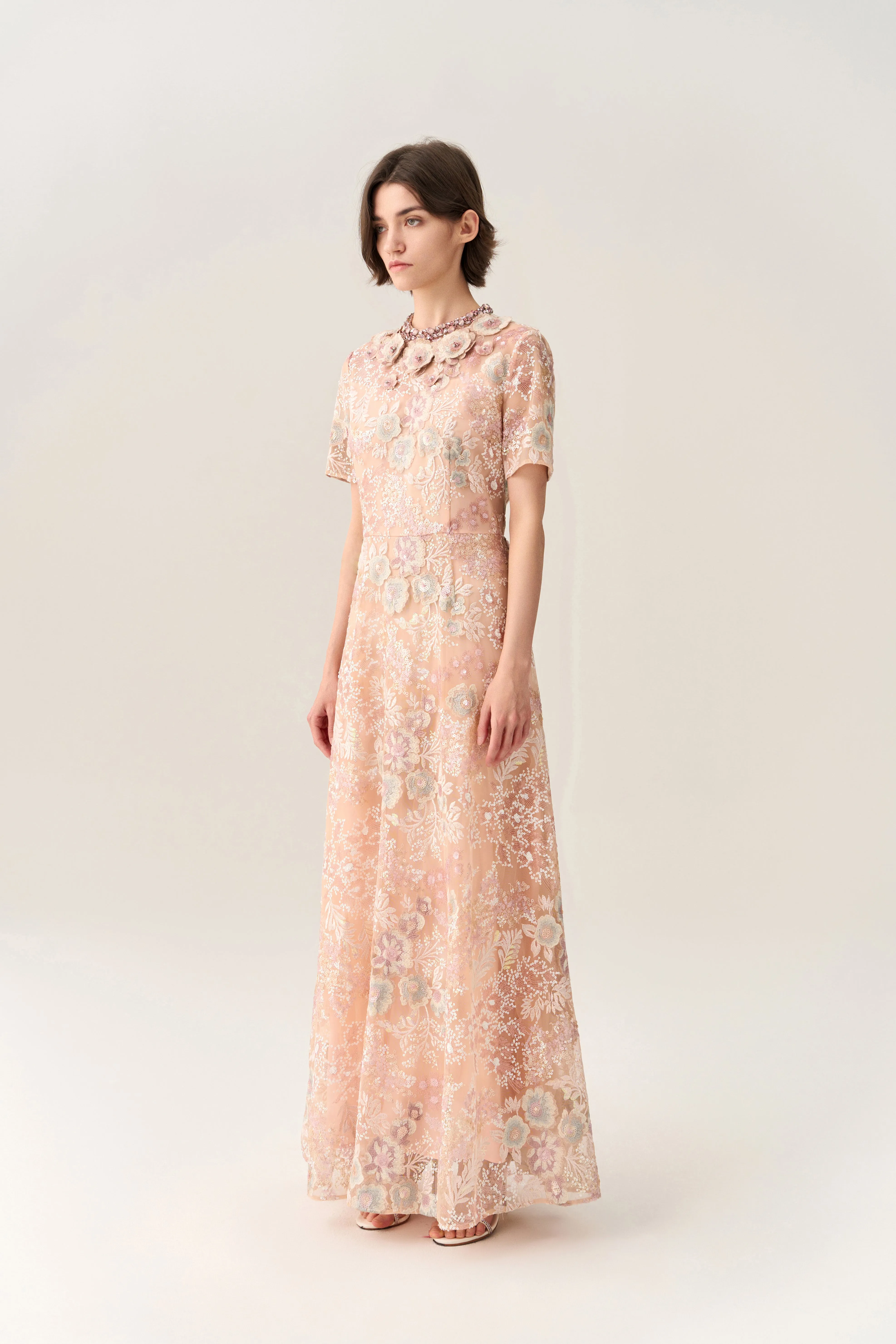 FoldableDesign CompactWeave Fantasy Coral Embroidered Mesh Dress