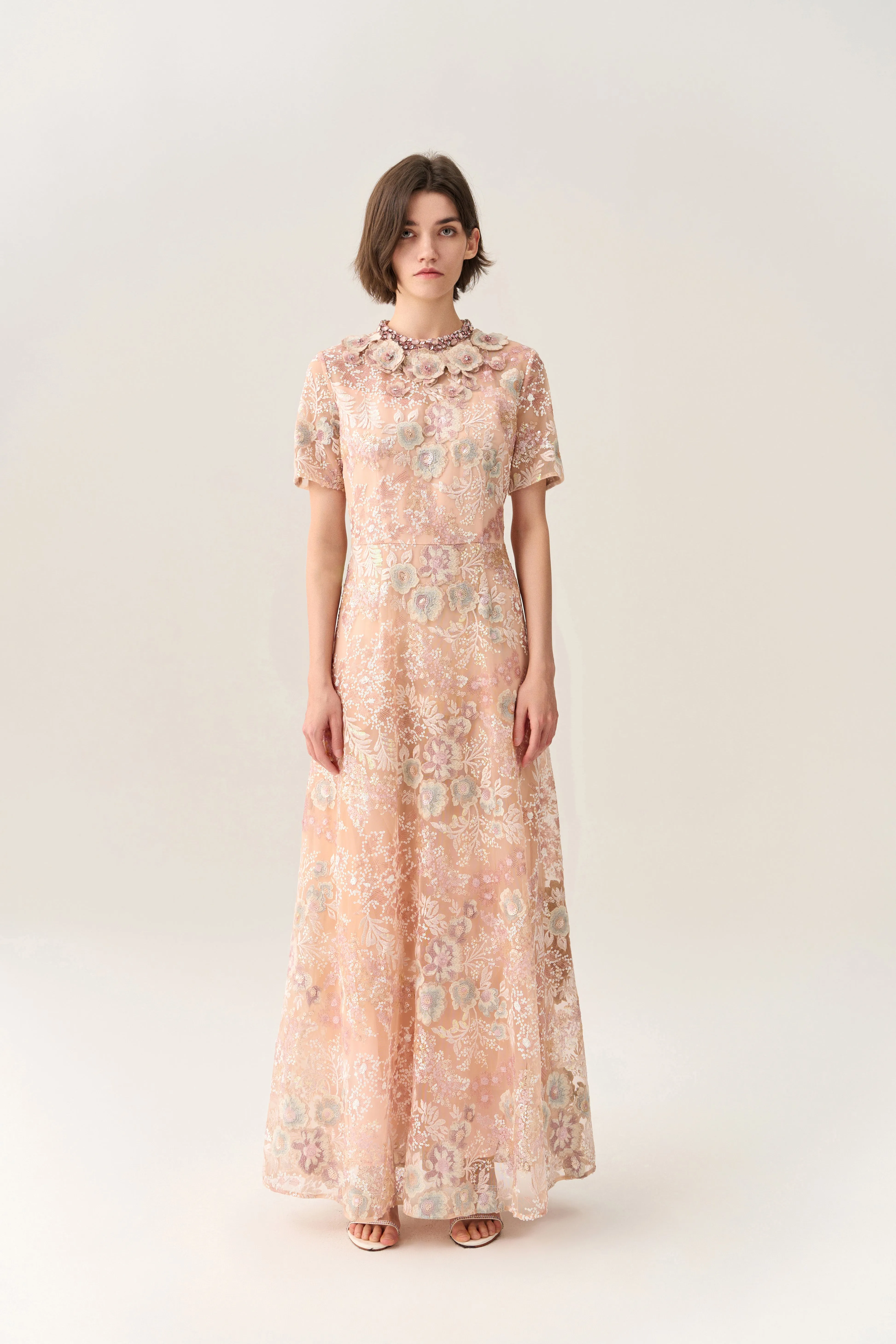 Open Glow Fantasy Coral Embroidered Mesh Dress