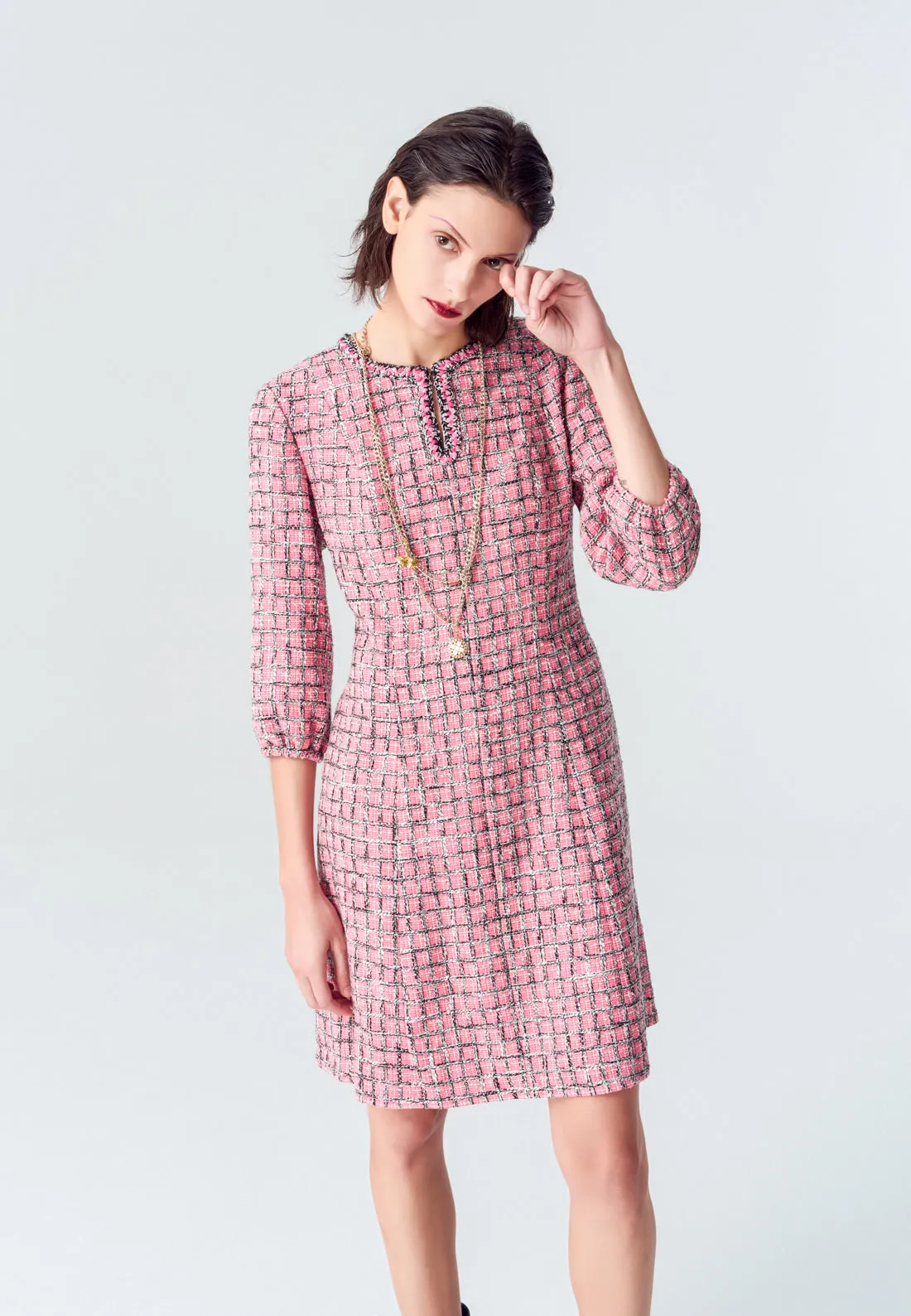 Pink Puff Sleeve Tweed Midi Dress Vision Glow