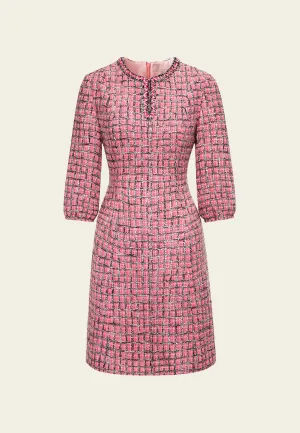 Pink Puff Sleeve Tweed Midi Dress SeamlessConstruction