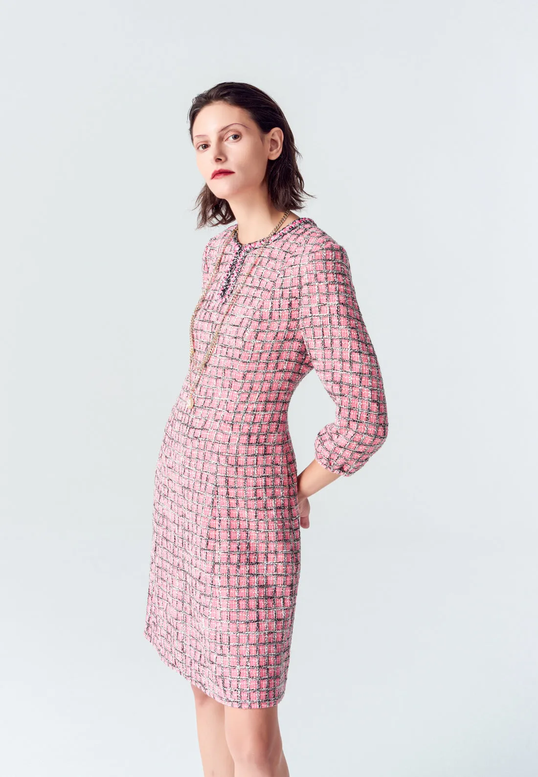 Pink Puff Sleeve Tweed Midi Dress American Ease Soft Core