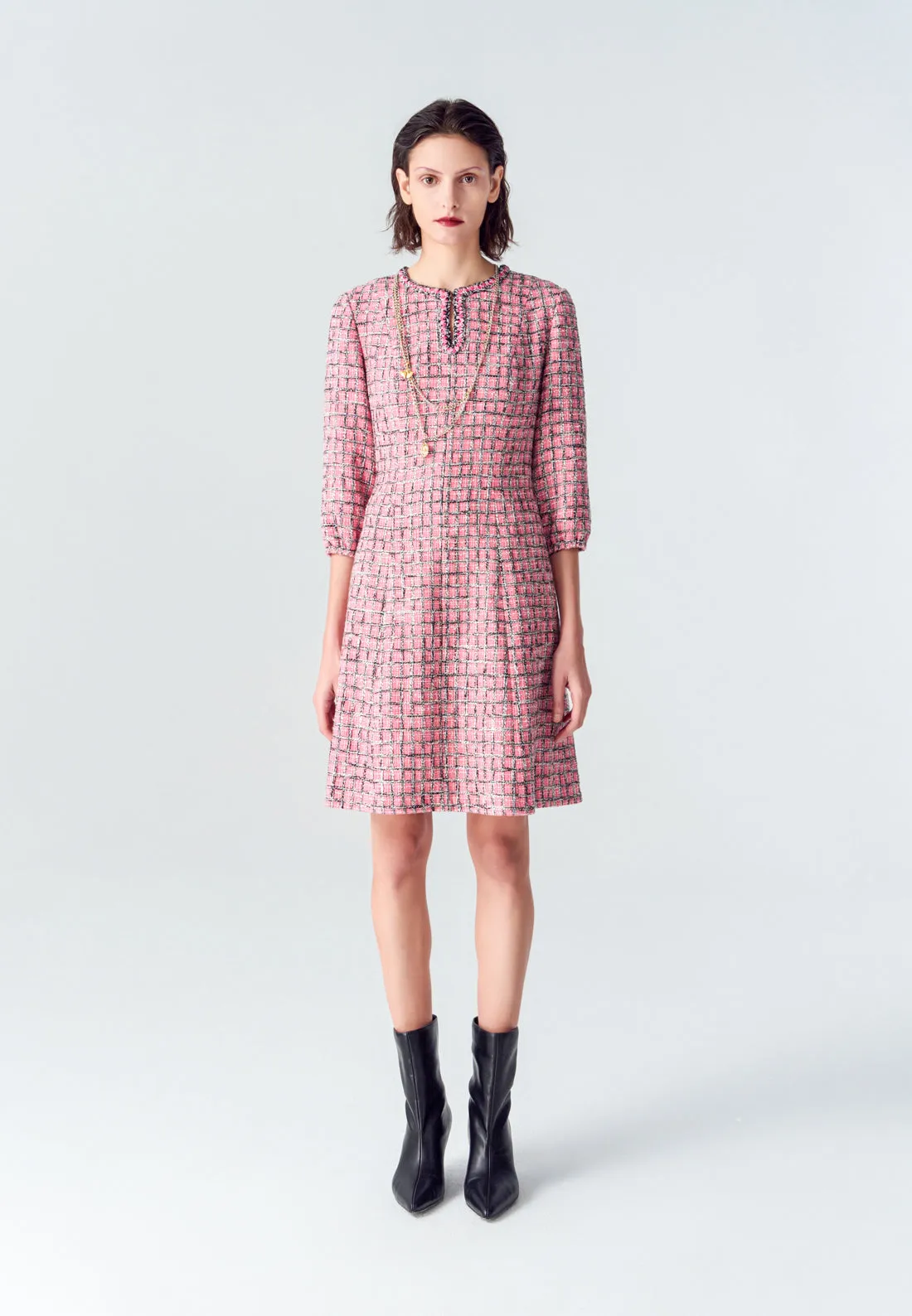 Dad Core Pink Puff Sleeve Tweed Midi Dress
