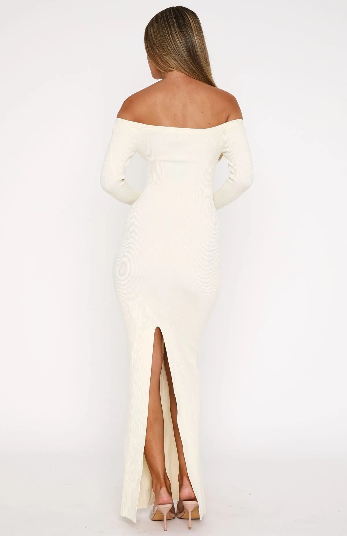Star Studded Long Sleeve Knit Maxi Dress Winter White ElasticCuffDesign warm fleece