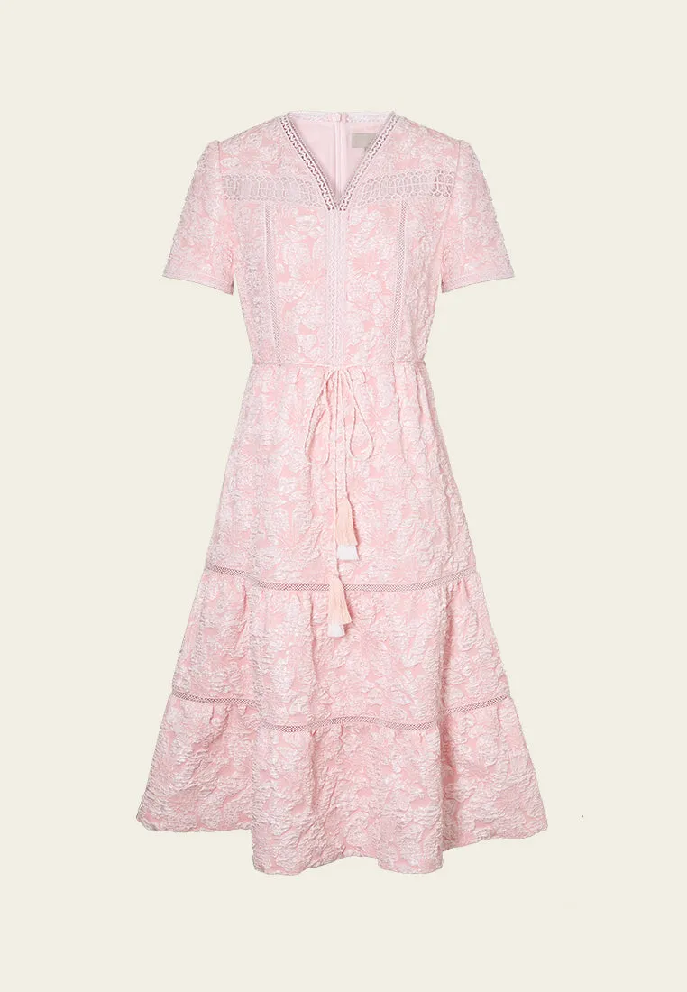 V-neck Jaquard Panelled Tie-belt Dress FlexibleElasticity