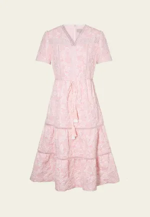 V-neck Jaquard Panelled Tie-belt Dress FlexibleElasticity