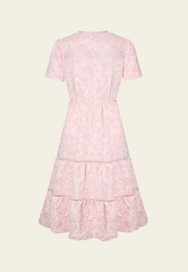 V-neck Jaquard Panelled Tie-belt Dress LowMaintenance Sky Mood
