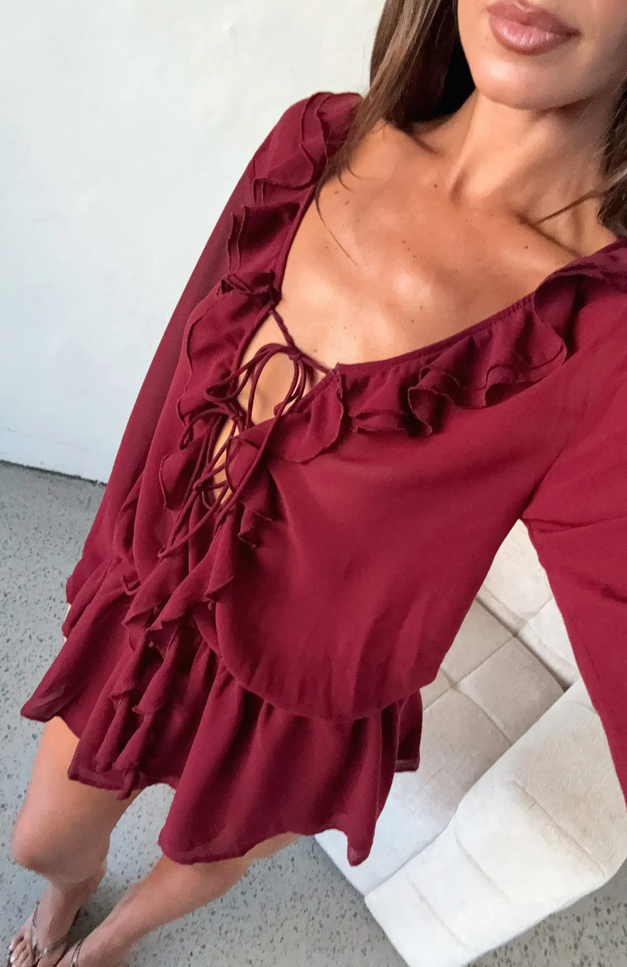Eternal Energy Long Sleeve Mini Dress Burgundy TearResistant Fabric