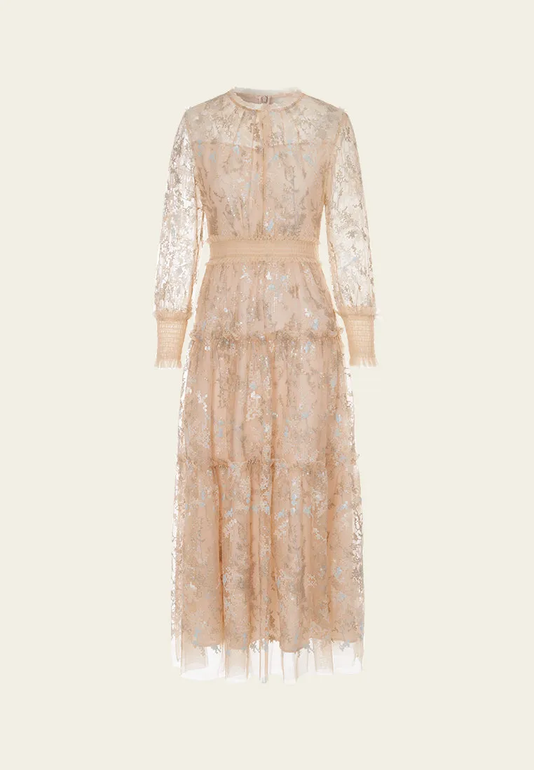 HighDurabilityClothing Ruffled-trim Cross-stitch Detail Sequin-detail Mesh Dress