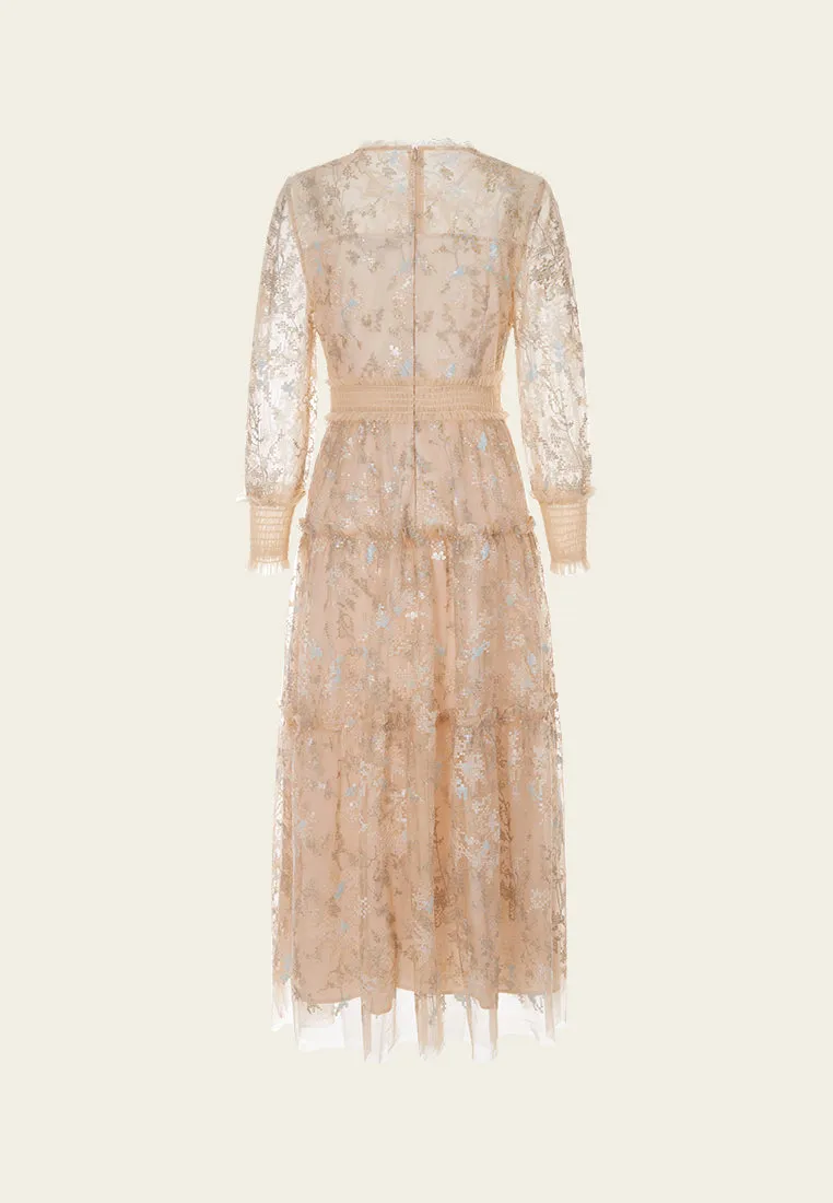 Ruffled-trim Cross-stitch Detail Sequin-detail Mesh Dress Noble Grace