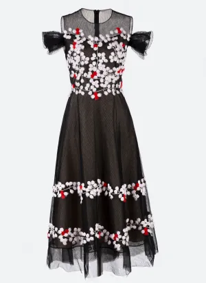 AntiPillingTechnology Black mesh dress with handmade flowers