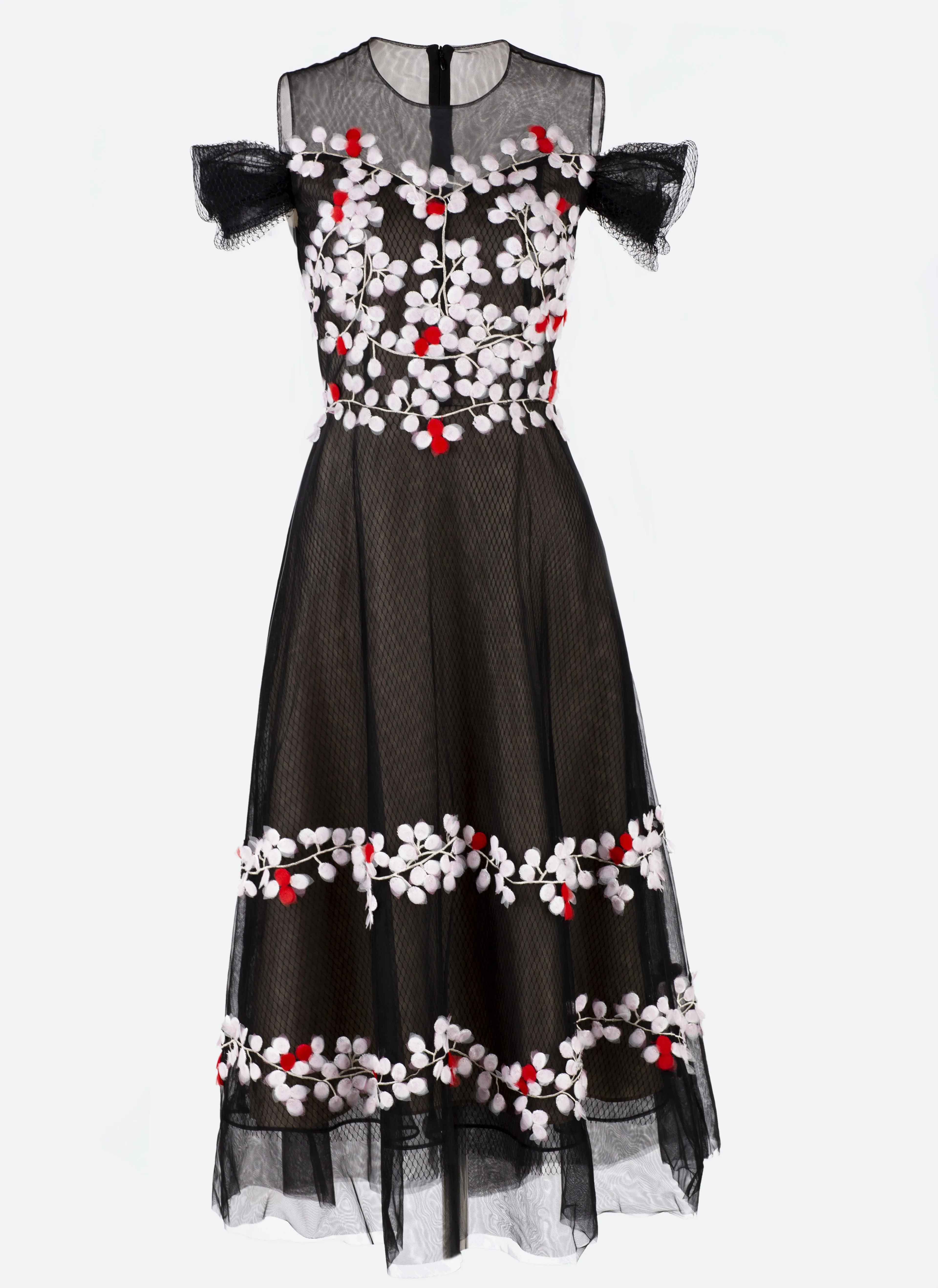 AntiPillingTechnology Black mesh dress with handmade flowers