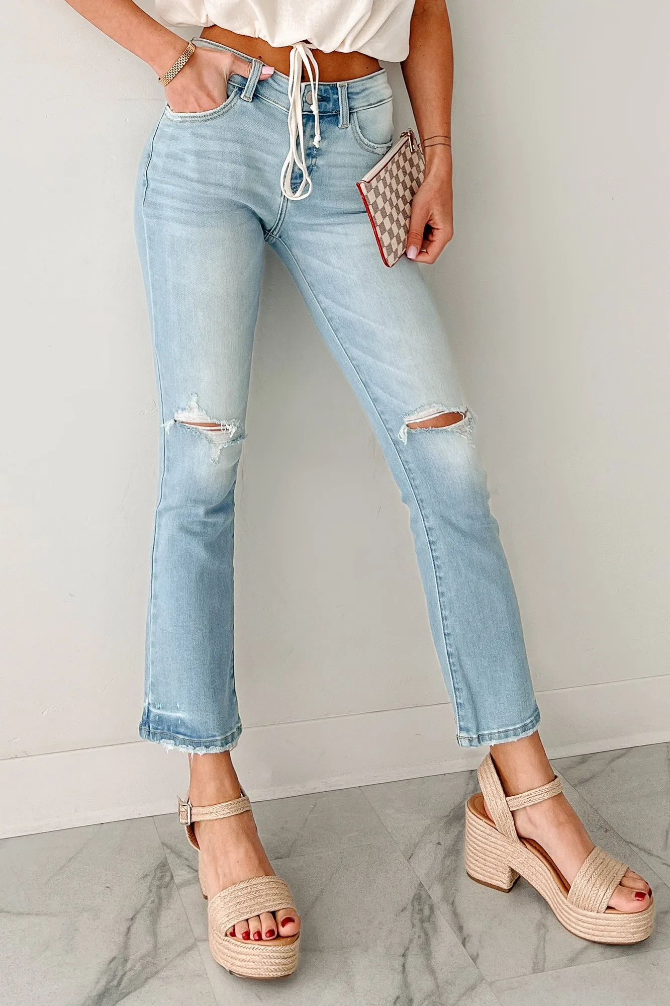 Koa Kick Flare Distressed Kancan Jeans (Light) Tagless Design Ribbed Collar Style