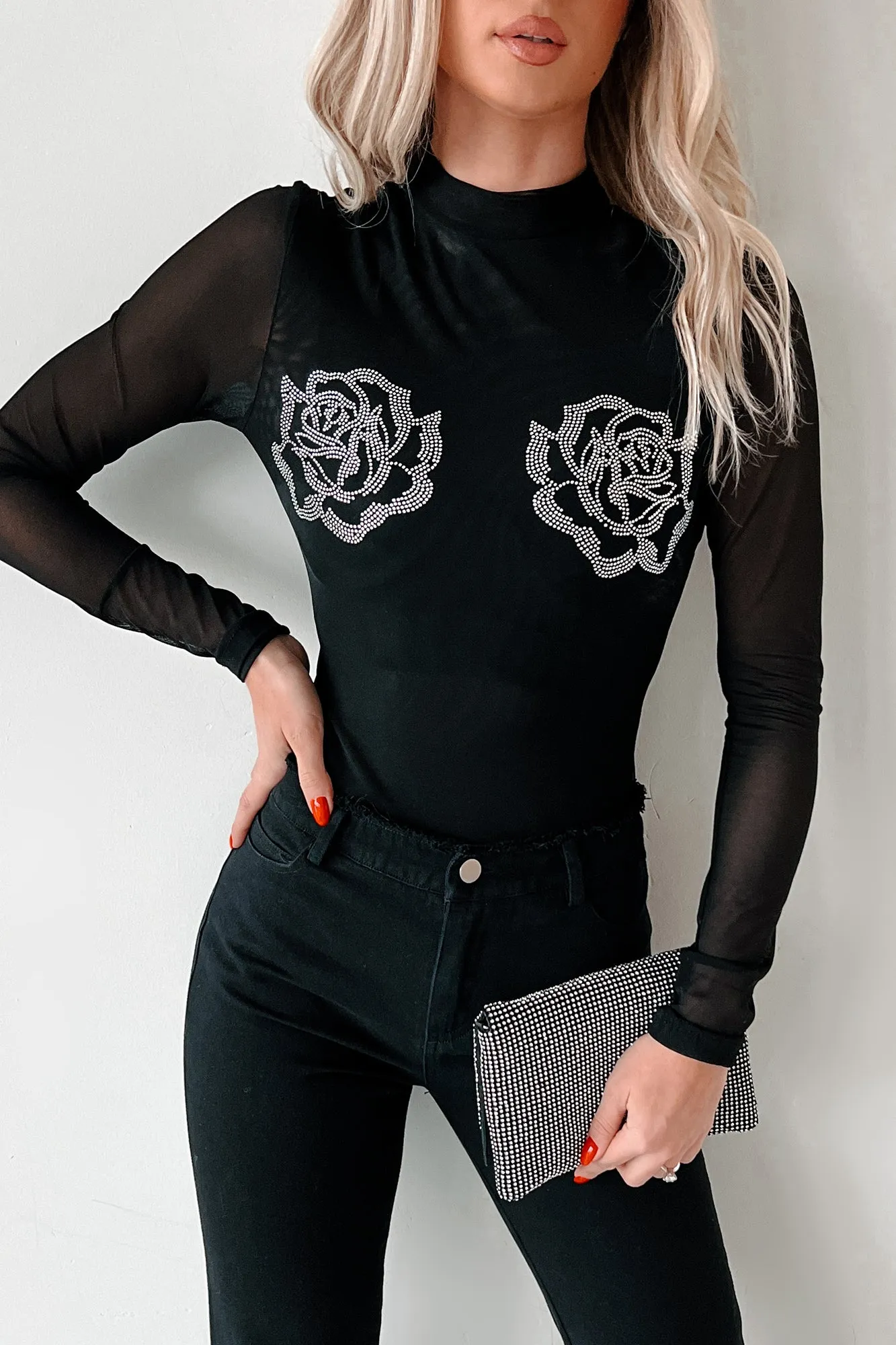 Playing Hard To Forget Rhinestone Rosette Mesh Bodysuit (Black) Clean Fresh Active Urban