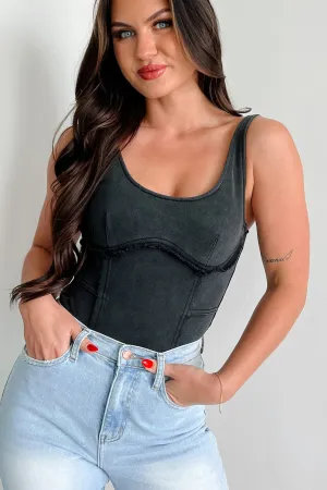 Night Loose Casual Minimal Rough Around The Edges Raw Edge Tank Bodysuit (Black)
