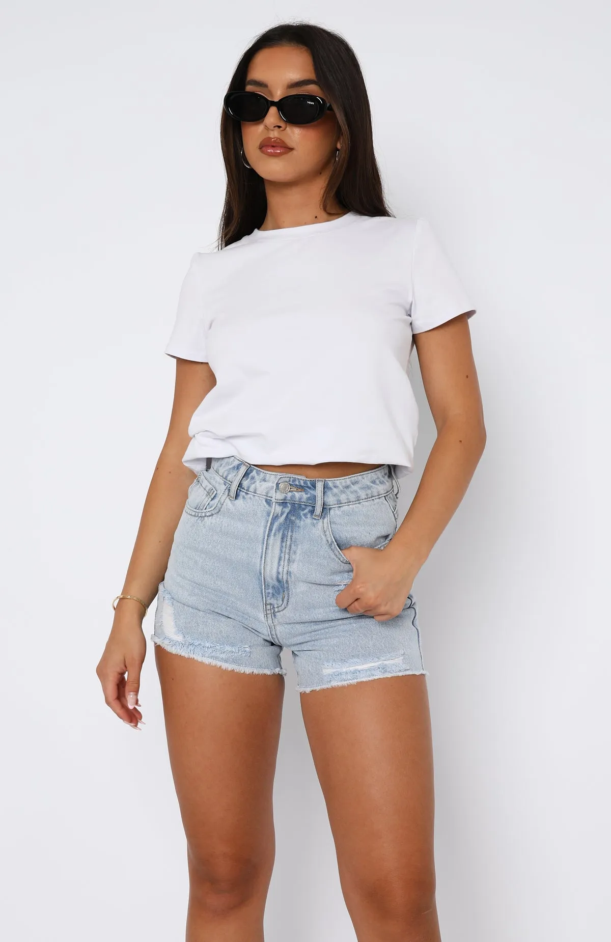 Blazer Playful Look What Are We Denim Shorts Powder Blue Wash