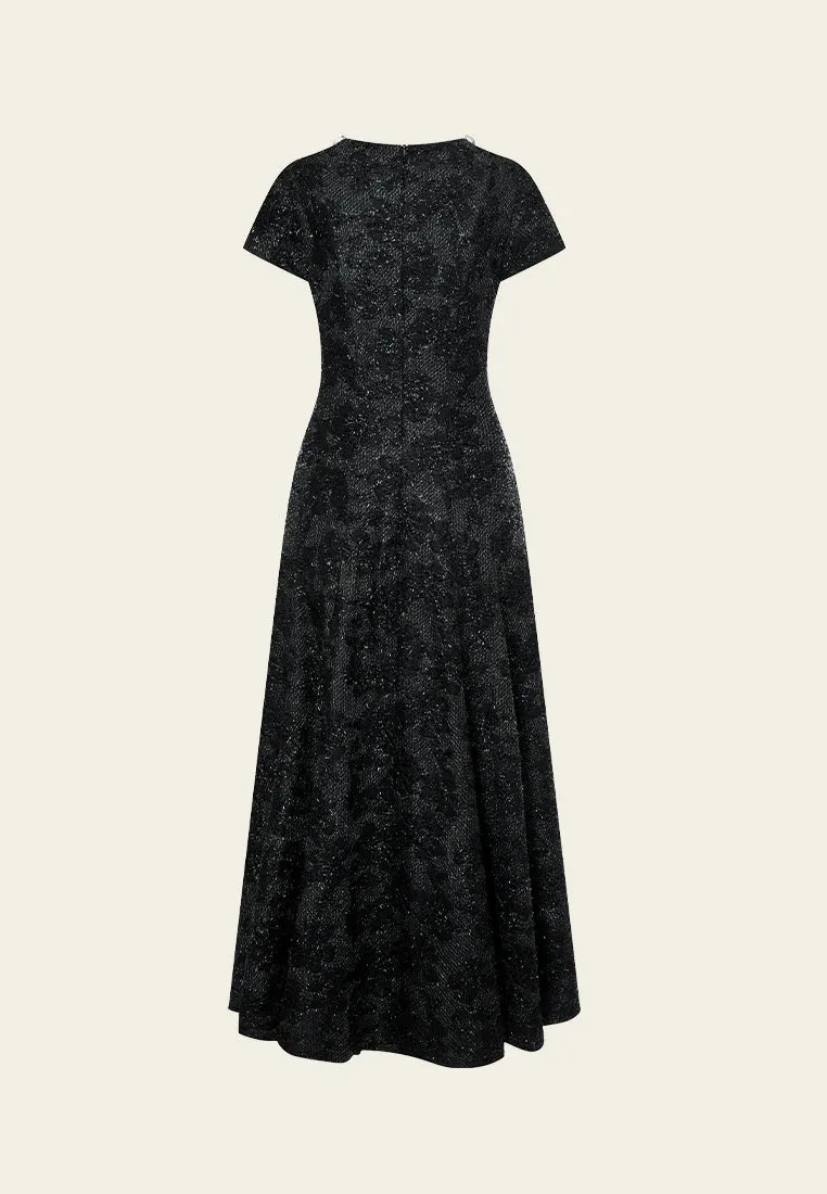 V-neck Frayed Lurex-detail Maxi Length Dress Adjustable Waistband