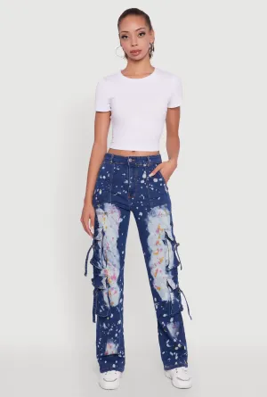 Paint Splattered Straight Leg Cargo Jeans Simple Detail