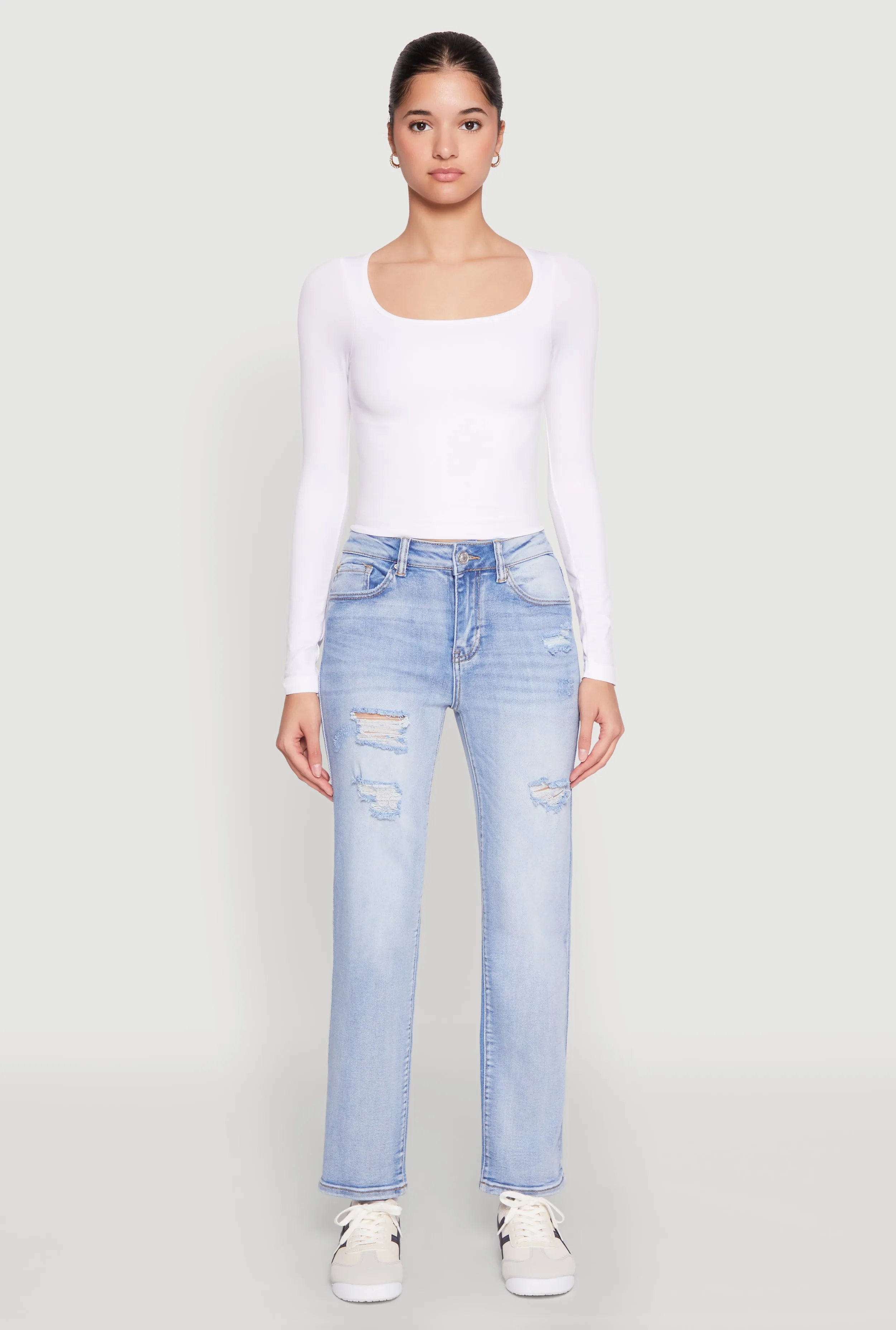WAX Distressed Straight Leg Jeans Classic Autumn Days Adult Fashion Morning Stroll Evening Stroll Trend Setter