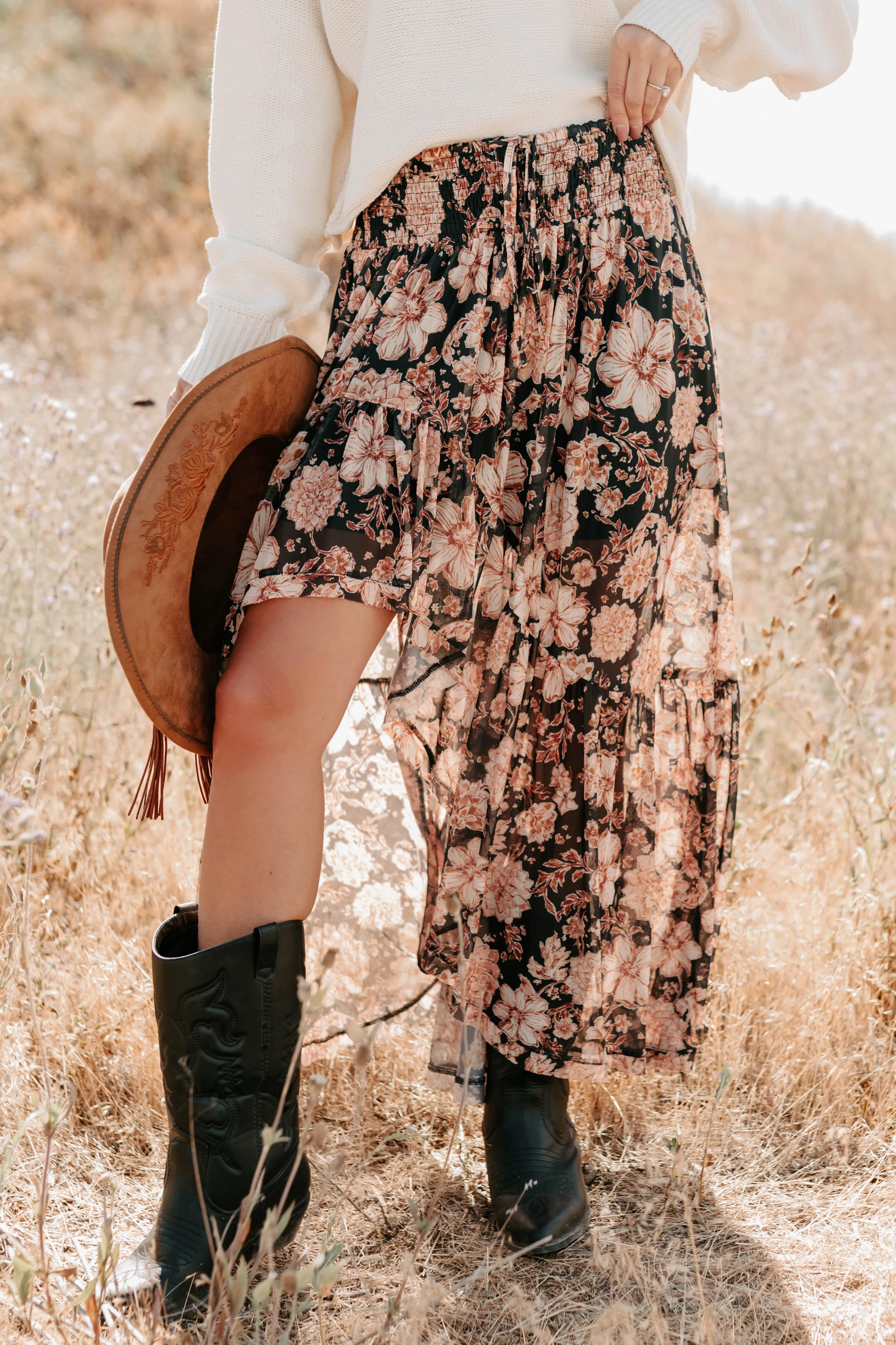 Gloss Over It Floral High-Low Maxi Skirt (Black) Minimal Vibe