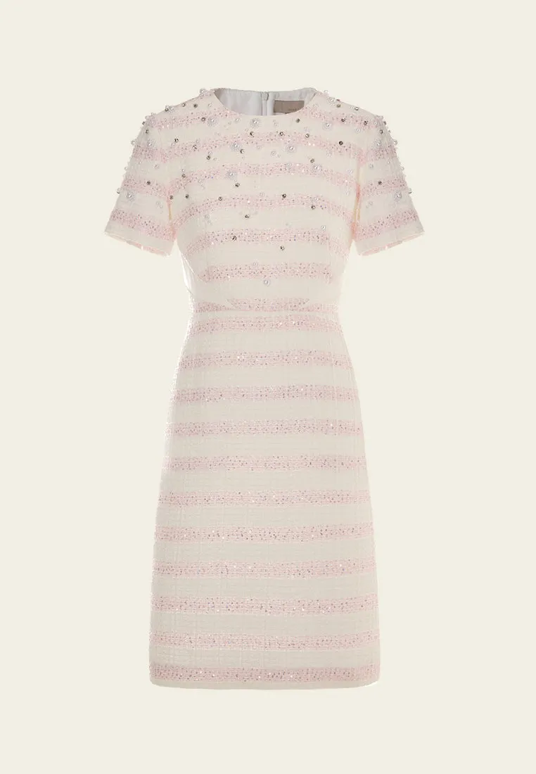 NonIrritating Seams Embellished Stripped Tweed Dress