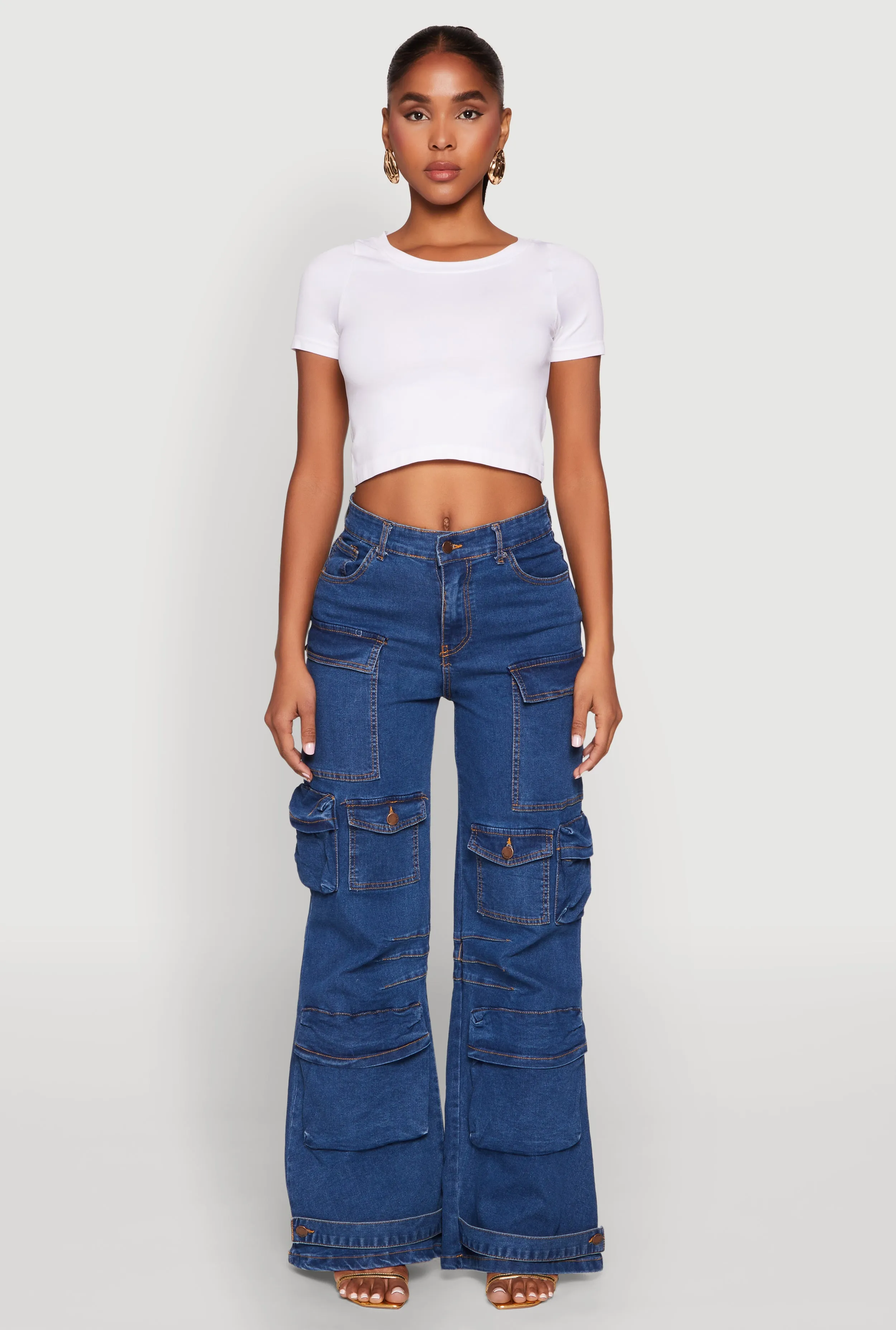 Breathable Lining System Permanent Crease Retention Daisy Cargo Pocket Flare Jeans