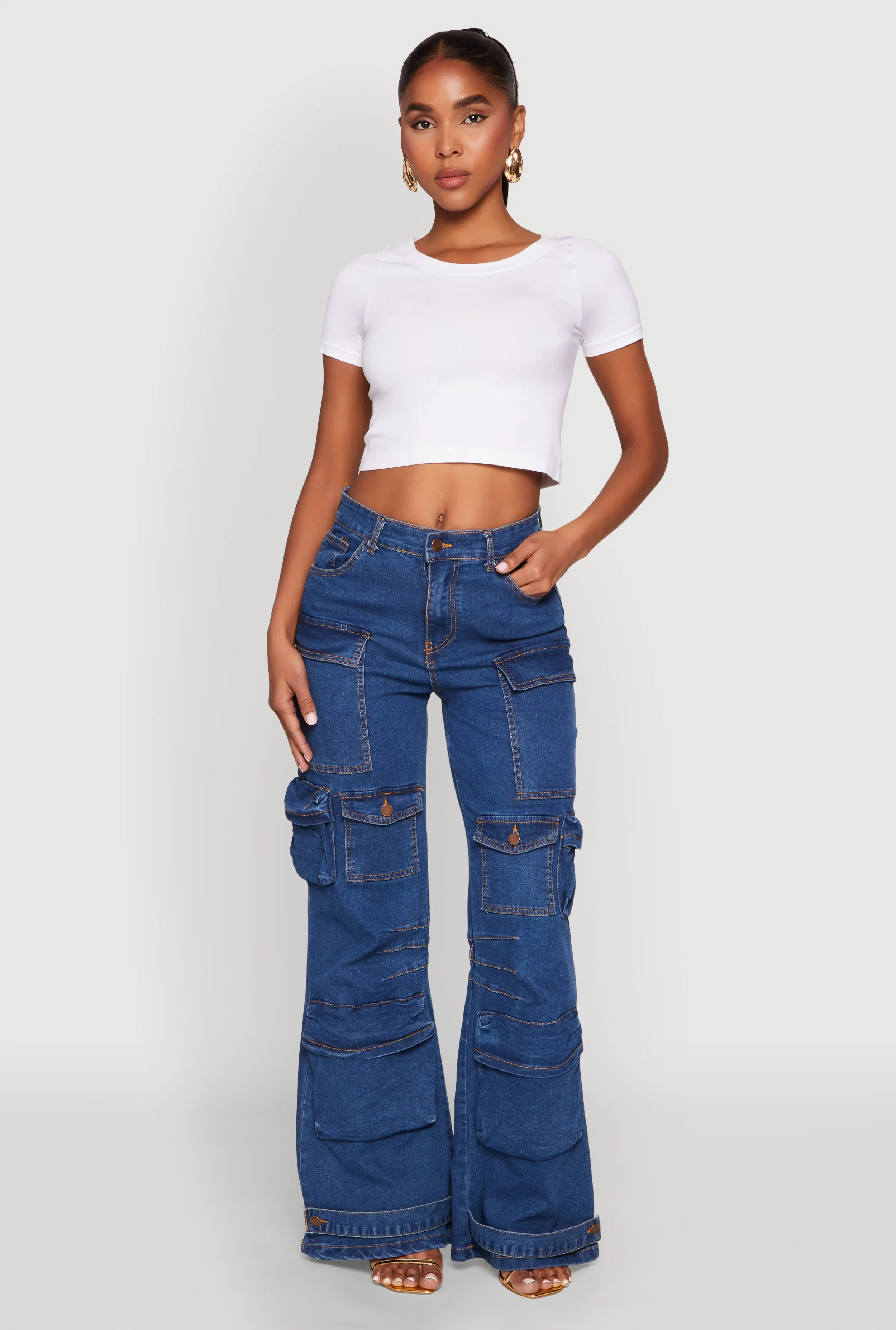 Non Stretch Denim Daisy Cargo Pocket Flare Jeans