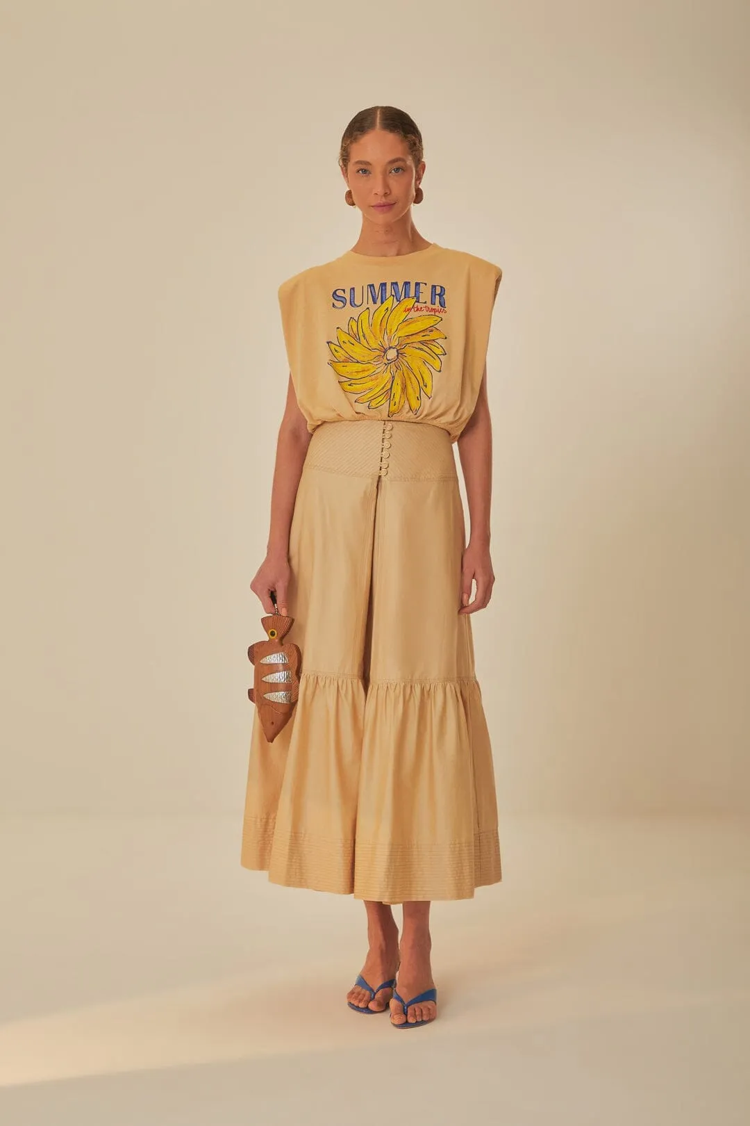 Khaki Topstitching Yoke Organic Cotton Maxi Skirt Comfy Style Layered Design