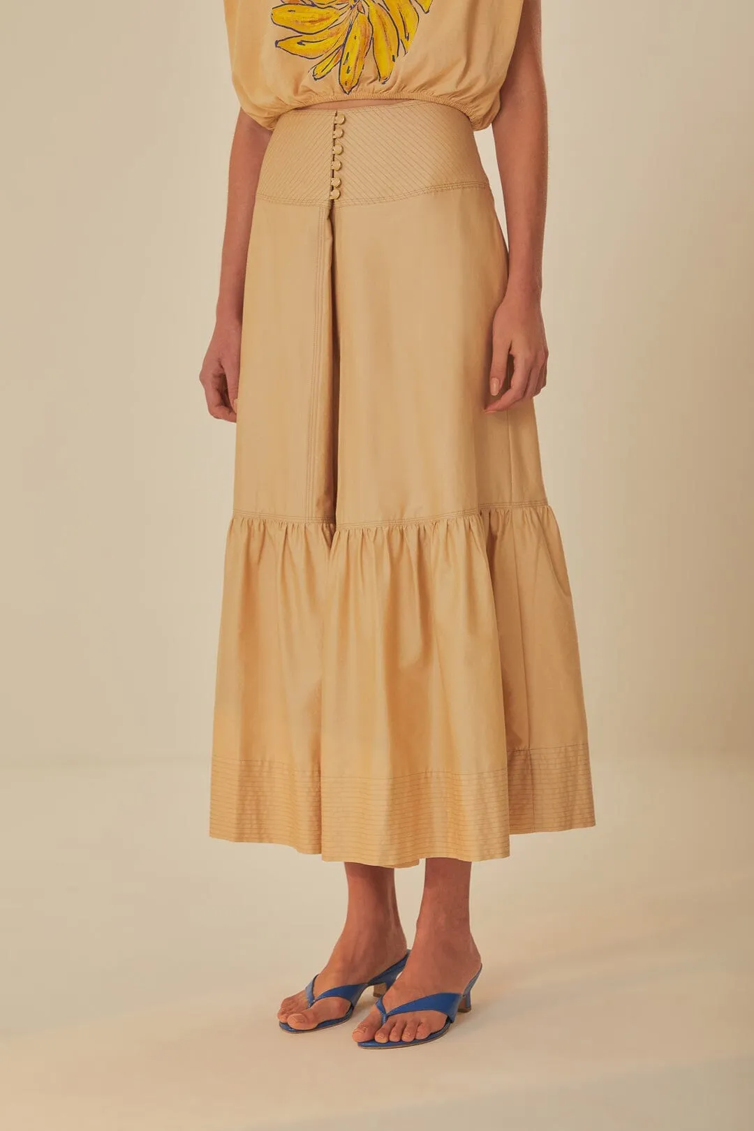 Khaki Topstitching Yoke Organic Cotton Maxi Skirt Classic Design