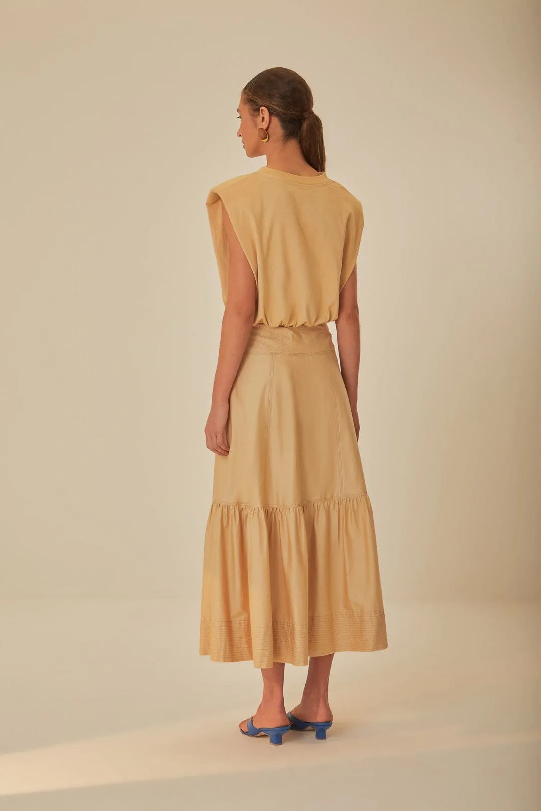 Weekend Ready Cozy Outfit Khaki Topstitching Yoke Organic Cotton Maxi Skirt