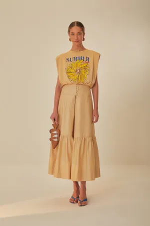 Khaki Topstitching Yoke Organic Cotton Maxi Skirt Comfy Style Layered Design
