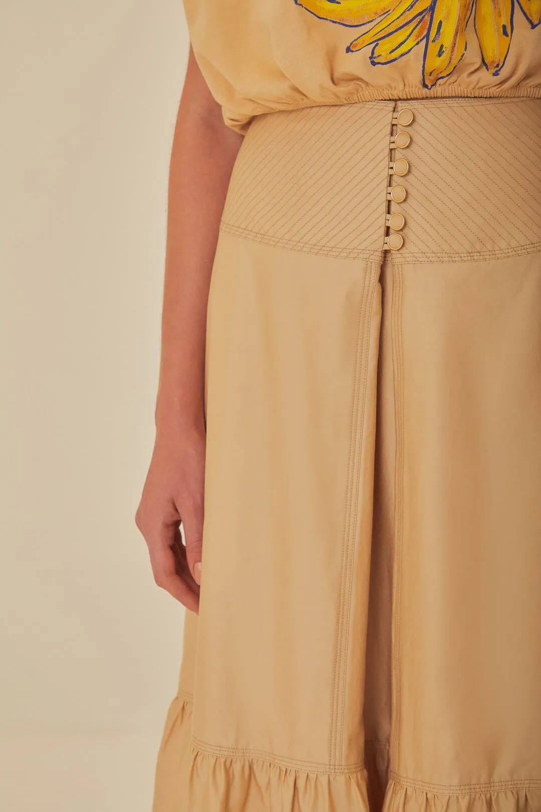 Khaki Topstitching Yoke Organic Cotton Maxi Skirt Neat Look