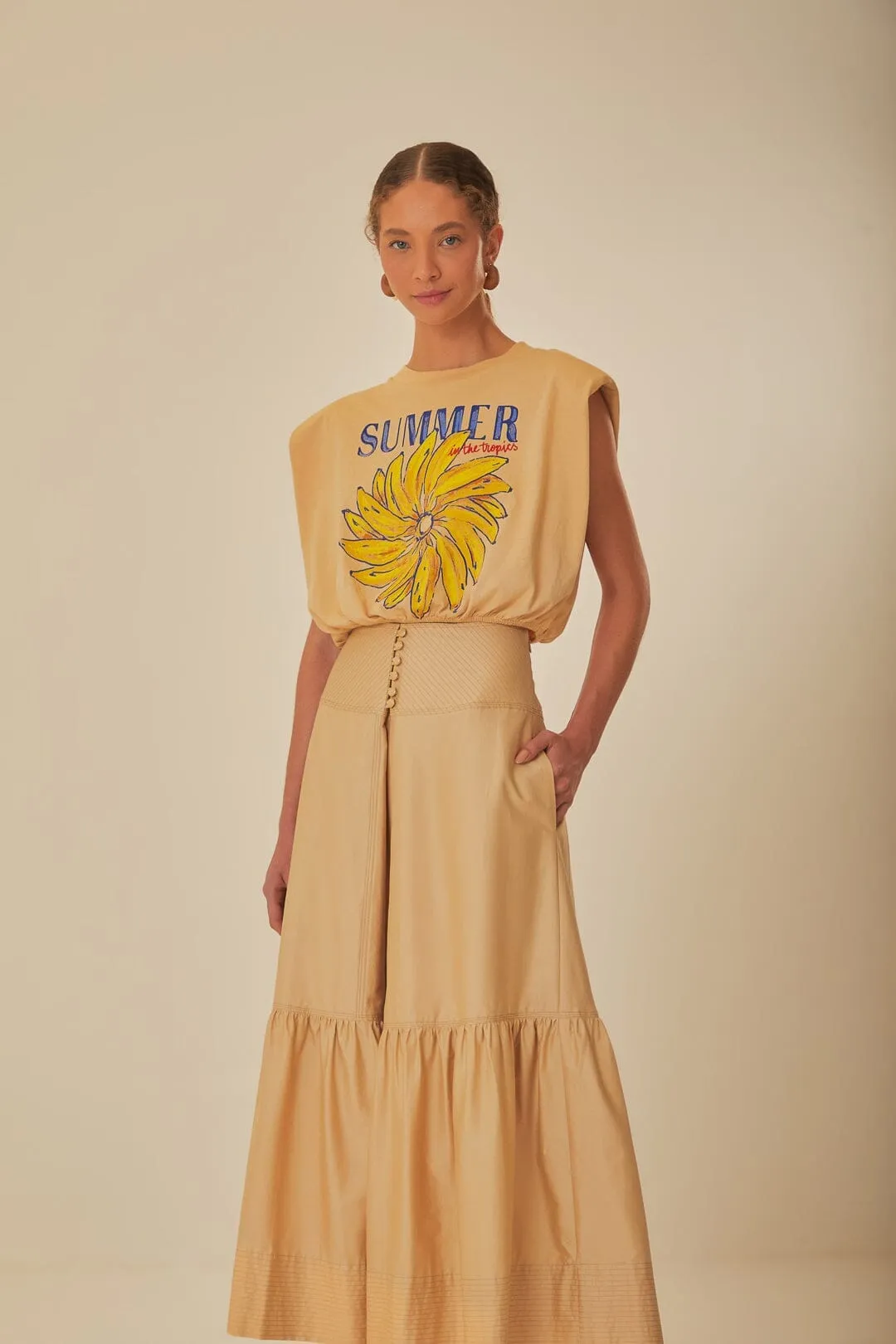 Khaki Topstitching Yoke Organic Cotton Maxi Skirt Sleek Appeal