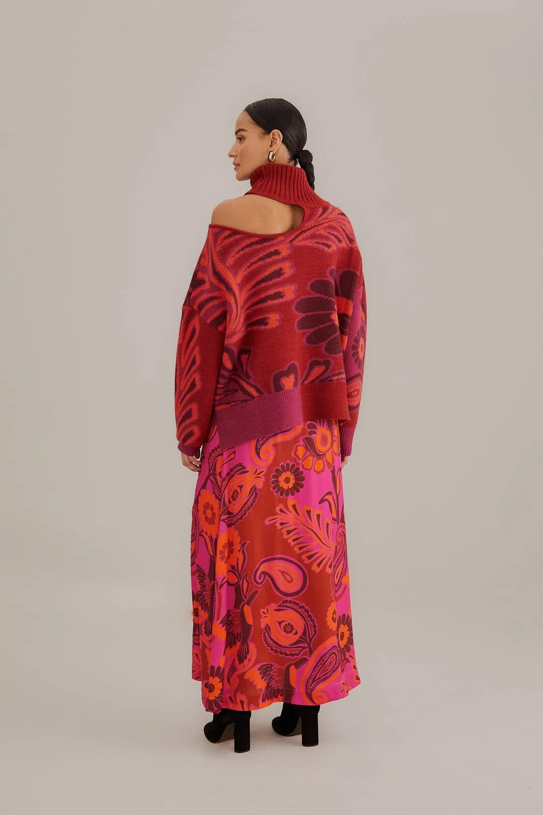 Pink Bold Floral Satin Maxi Skirt Aesthetic Fit