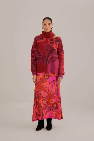 birthday party Midi length Pink Bold Floral Satin Maxi Skirt