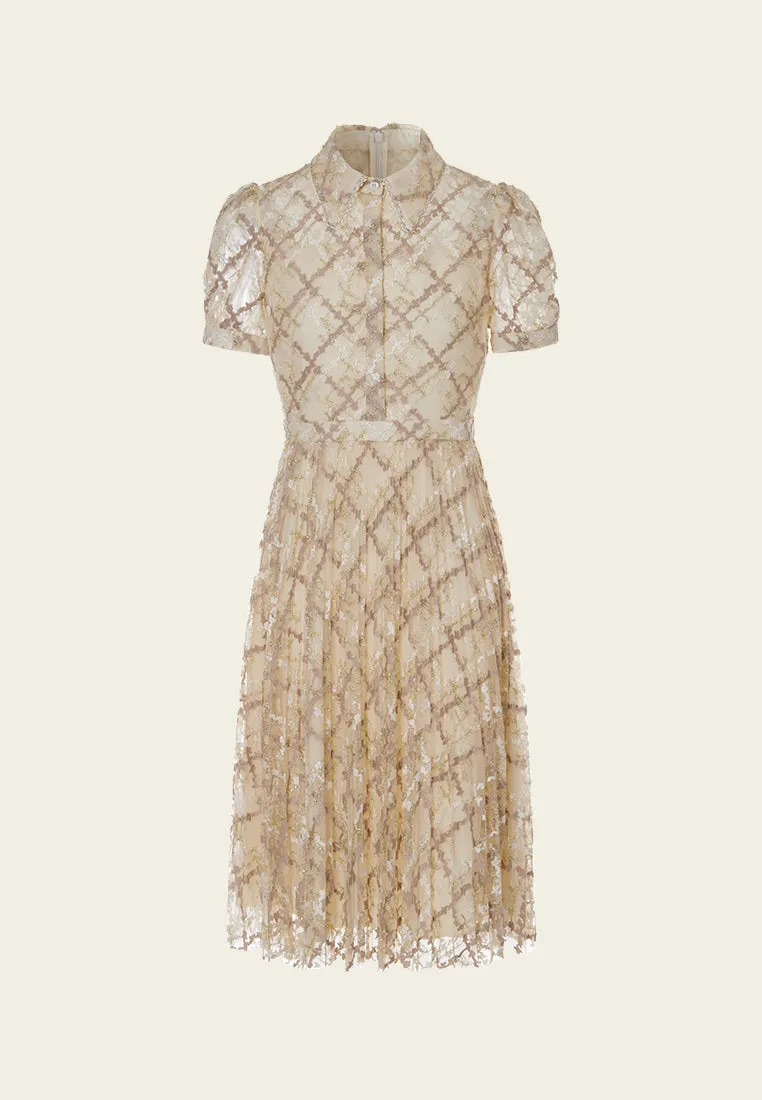 UVProtectionFinish Straight-point Collar Puff-sleeve Checked Mesh Dress