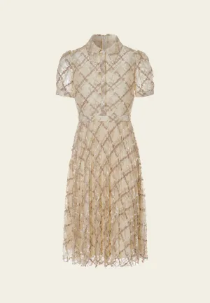 UVProtectionFinish Straight-point Collar Puff-sleeve Checked Mesh Dress