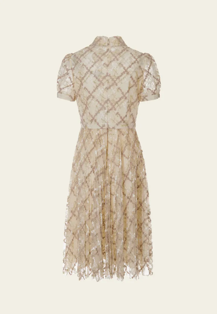 Straight-point Collar Puff-sleeve Checked Mesh Dress Bride Side