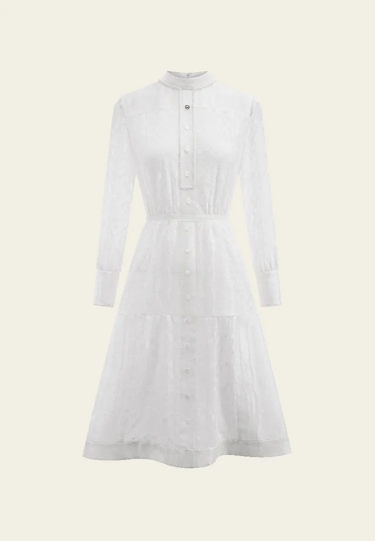White Stand Collar Dress Stretchable Material Zen Glow