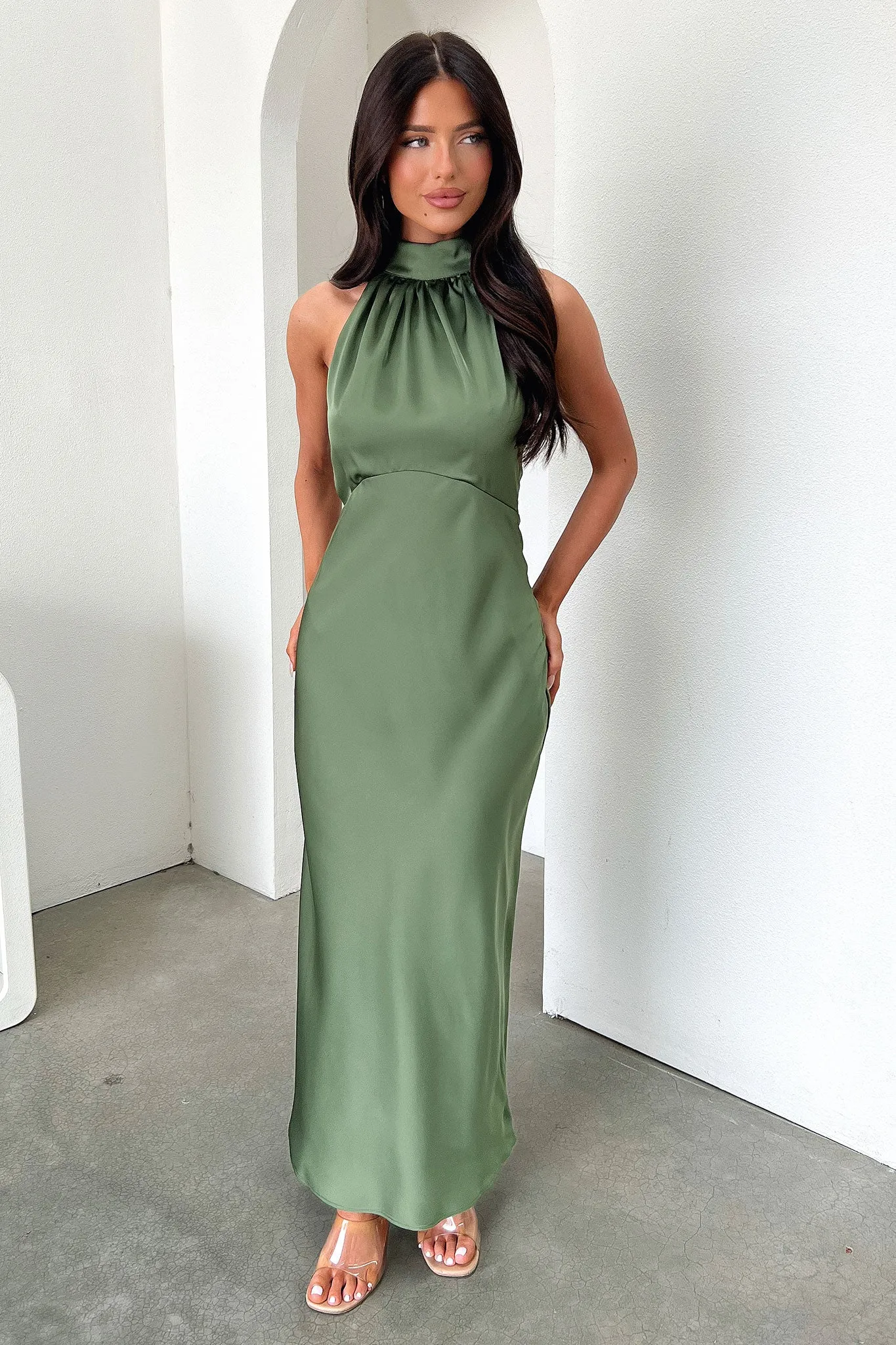 Lace Panel Daphne High Neck Maxi Dress - Olive