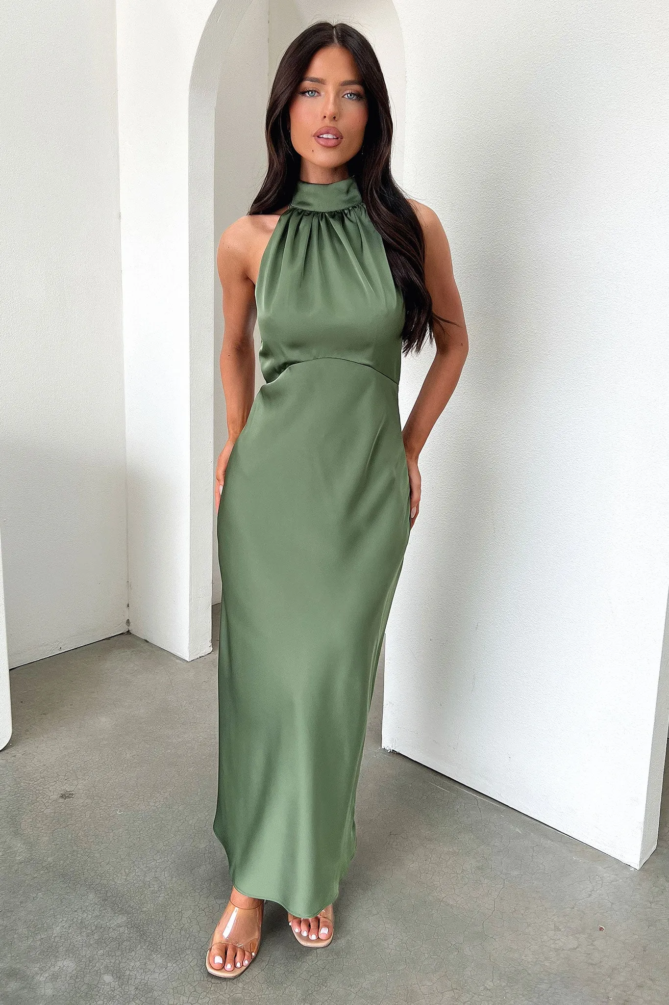The elegant design of this maxi dress adds a refined touch to your wardrobe without being overly complicated Daphne High Neck Maxi Dress - Olive