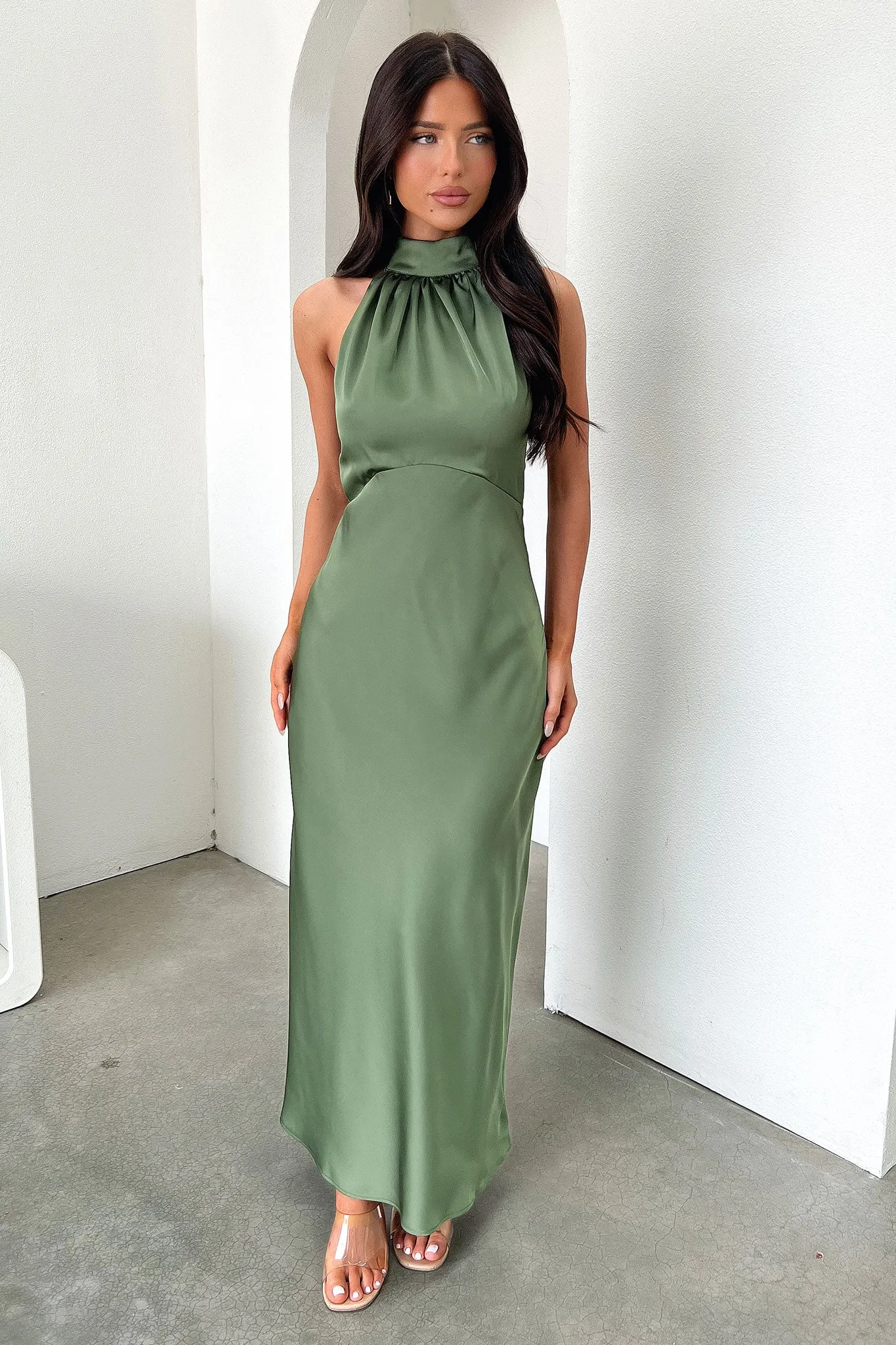 Side Slit Daphne High Neck Maxi Dress - Olive