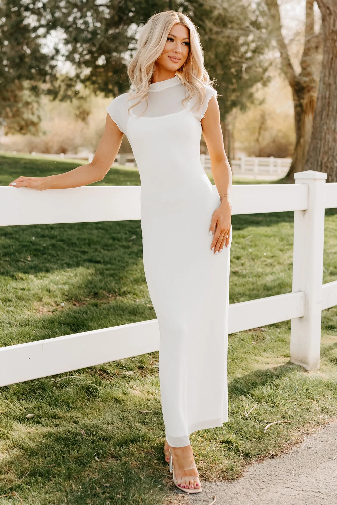 Wish You Were Here Mesh Mock Neck Maxi Dress (Ivory) Harbor Path color block