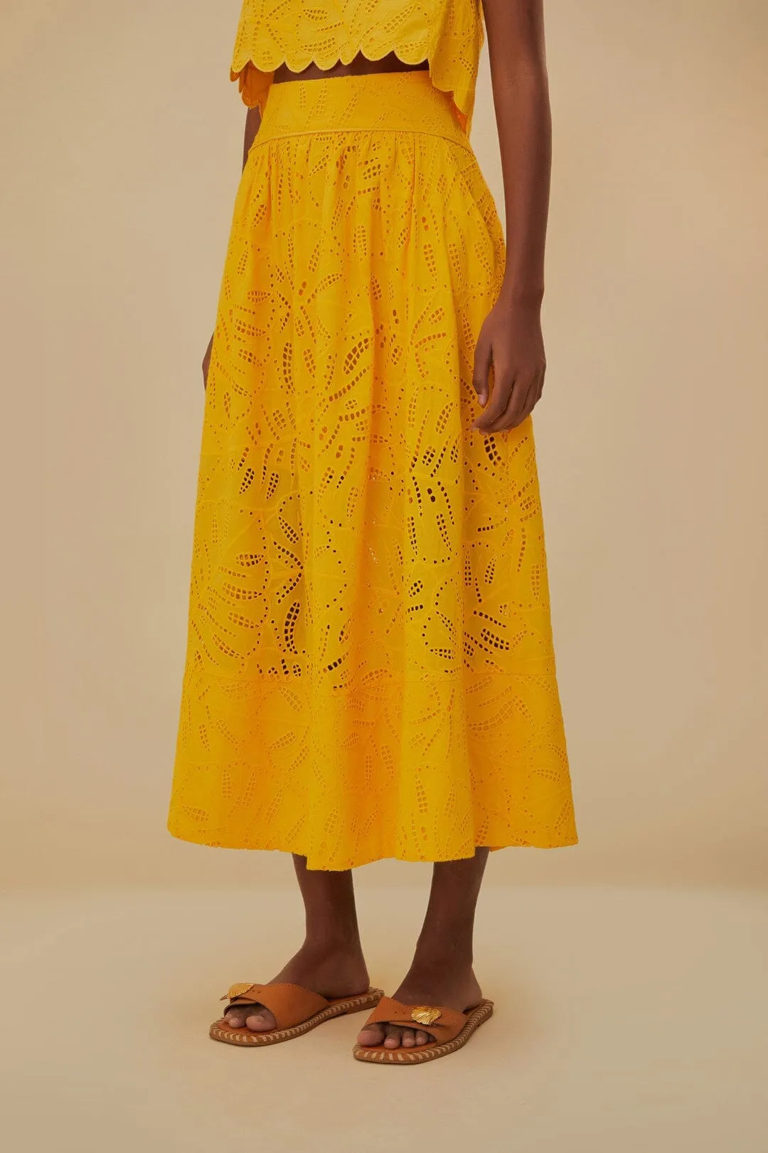 Yellow Monstera Eyelet Maxi Skirt Fresh Aesthetic Eco conscious