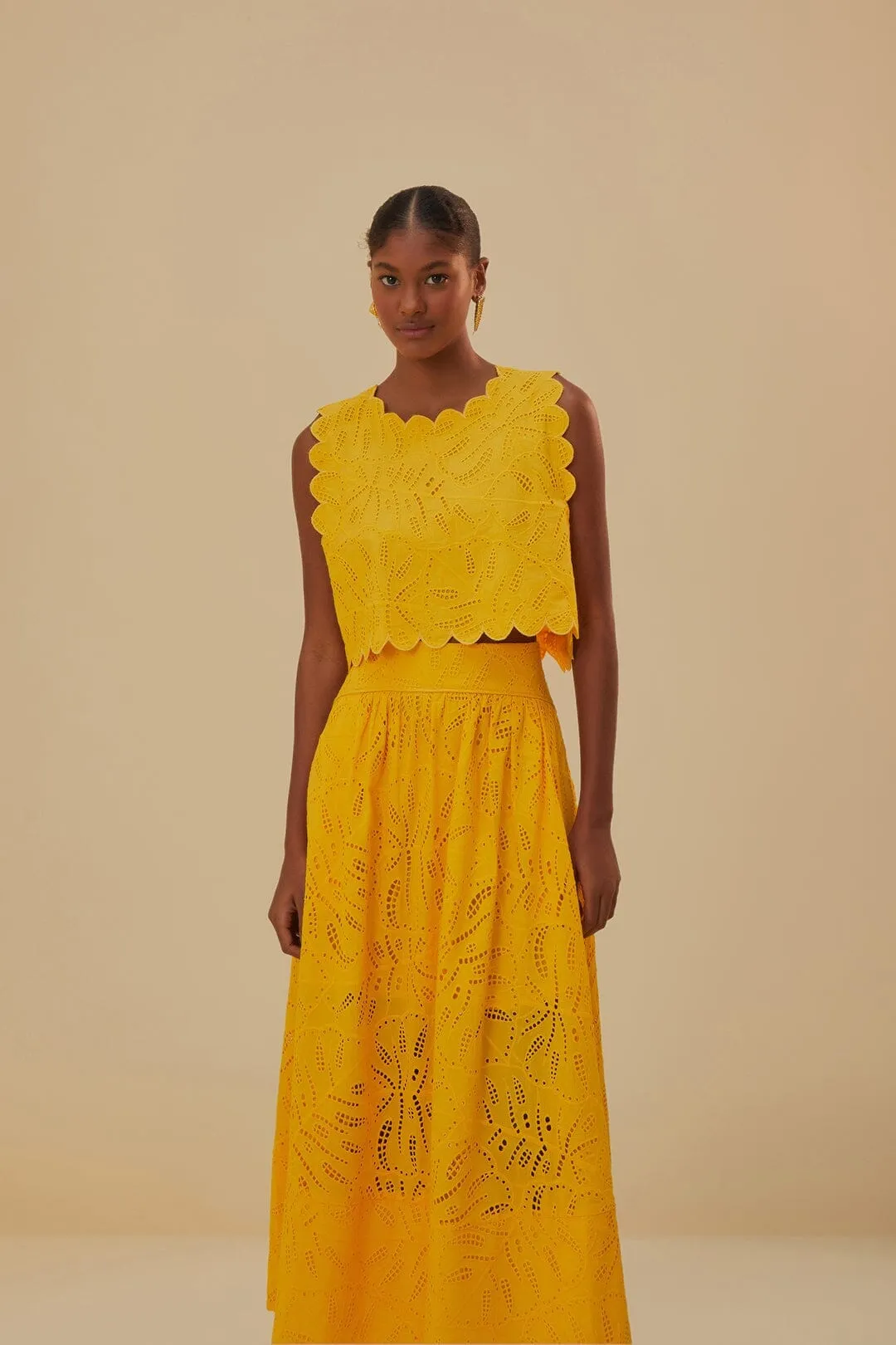 Seamless Finish Yellow Monstera Eyelet Maxi Skirt