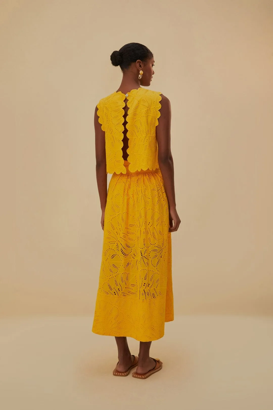 Crisscross Details Yellow Monstera Eyelet Maxi Skirt