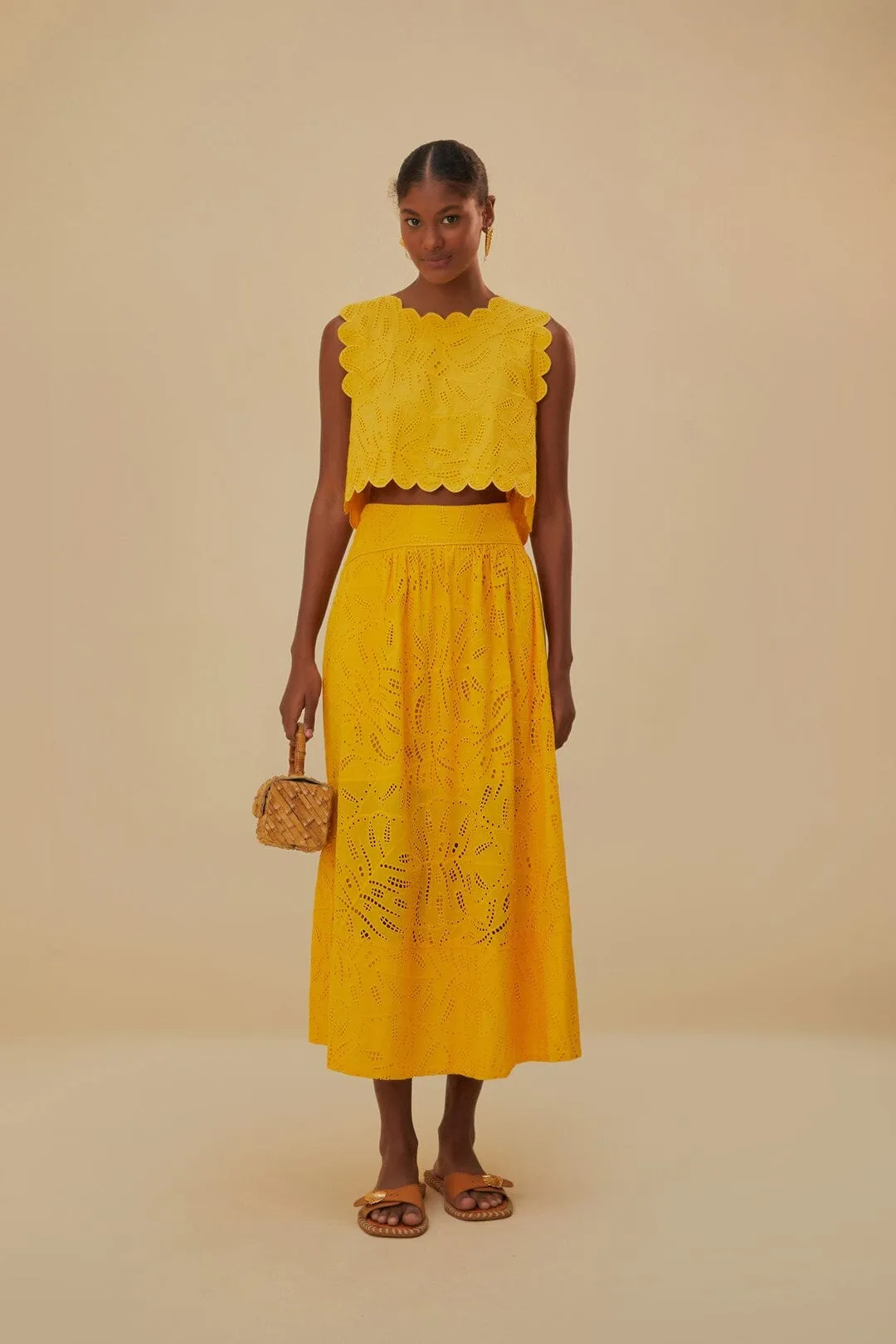 Shopping Trip Yellow Monstera Eyelet Maxi Skirt