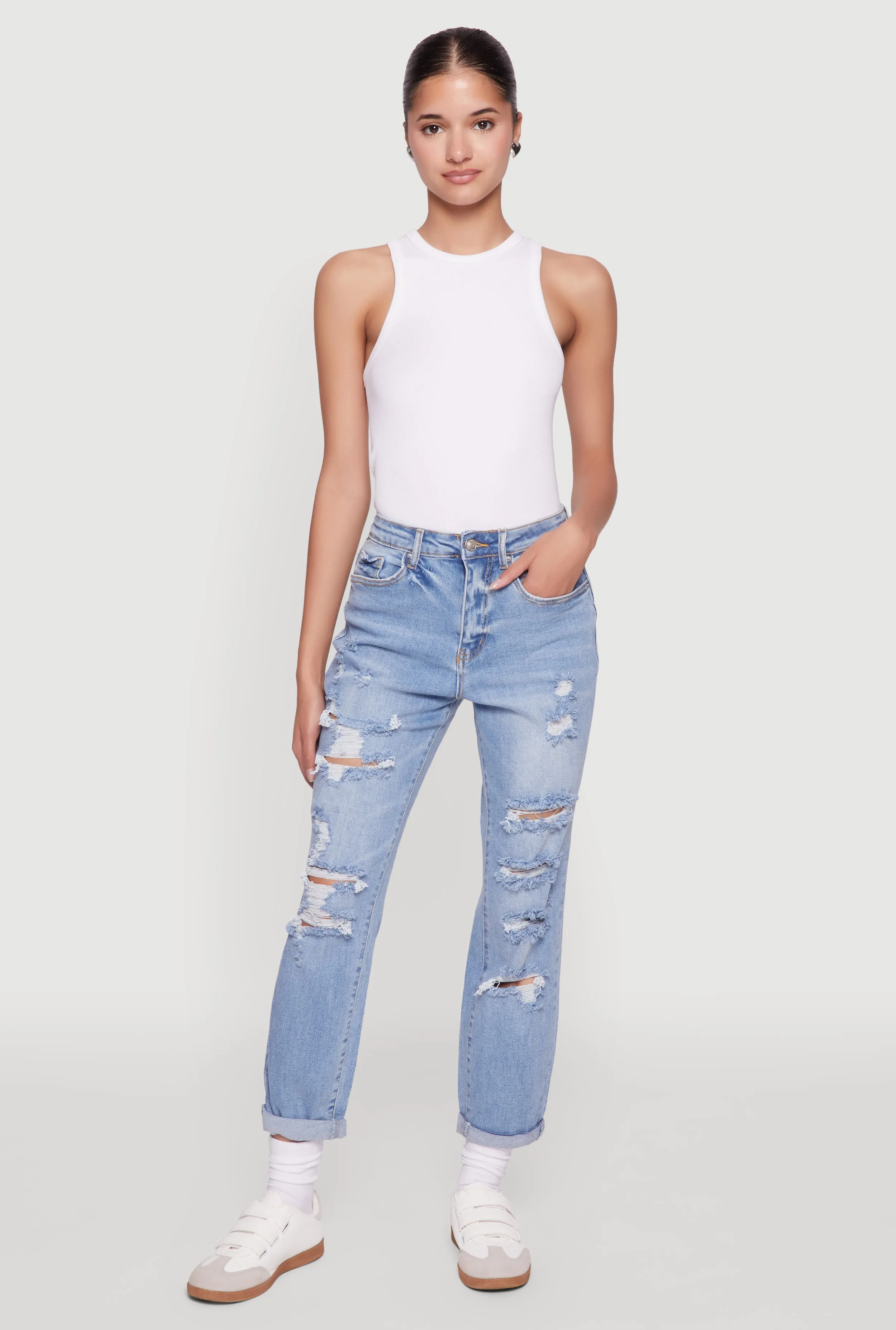 WAX Distressed Boyfriend Jeans Fashion Lover Youth Style Smooth Comfortable clothing