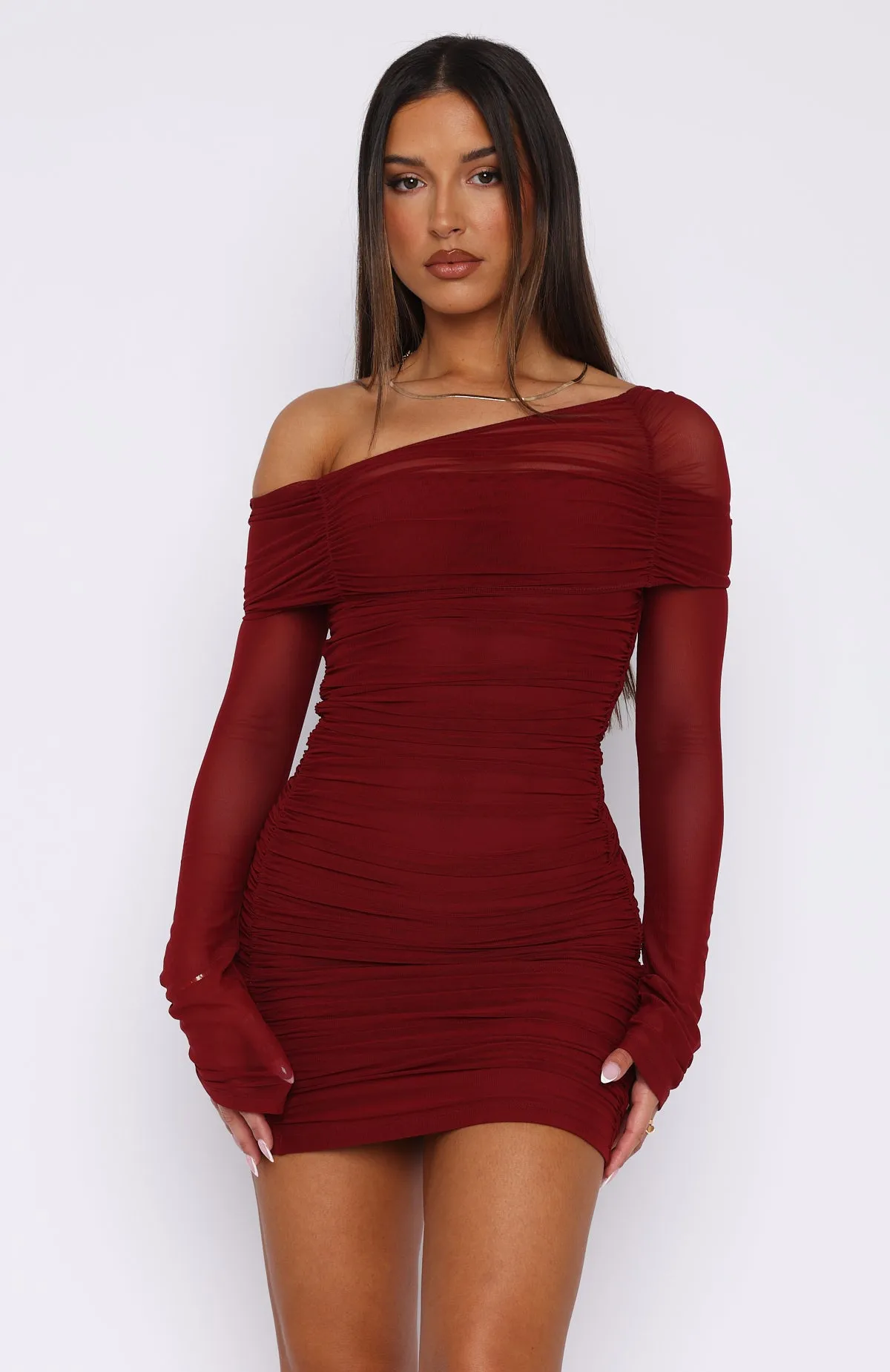 SoftenedEdges Still Glow I Feel Love Long Sleeve Mini Dress Burgundy