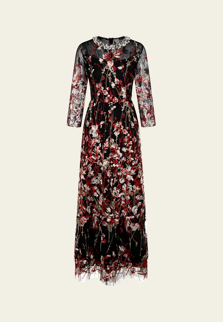 Digital Glow Frayed-hem Crystal-detail Embroidered-motif Organza Dress