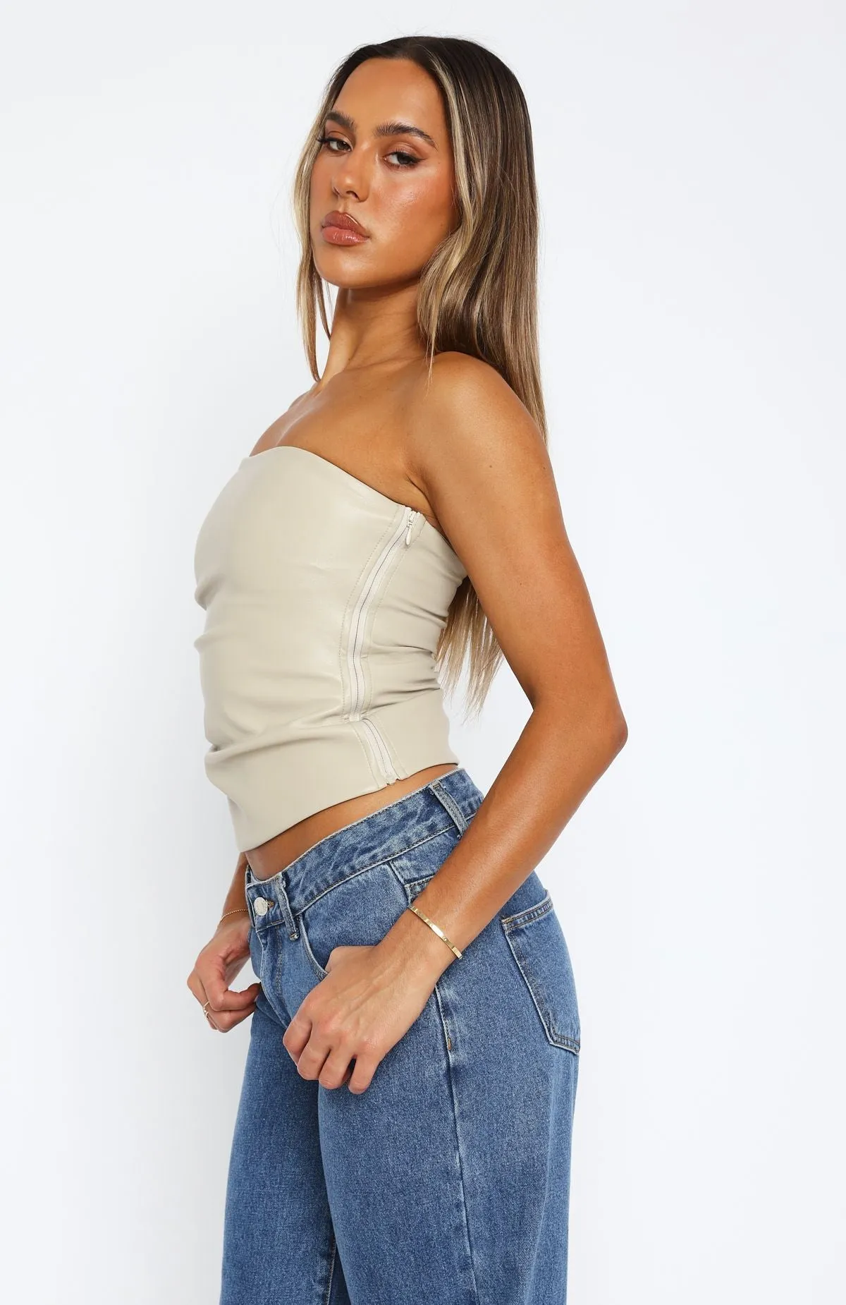 MultiPanelBreathability QuickDry Well Behaved Strapless PU Bustier Taupe